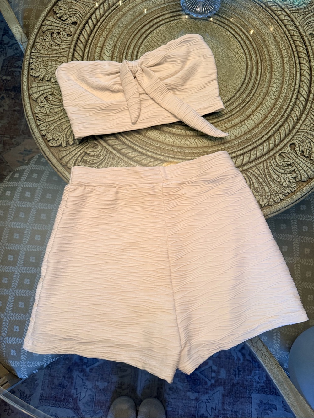 Textured Cream Bandeau Top and High-Waist Shorts Set